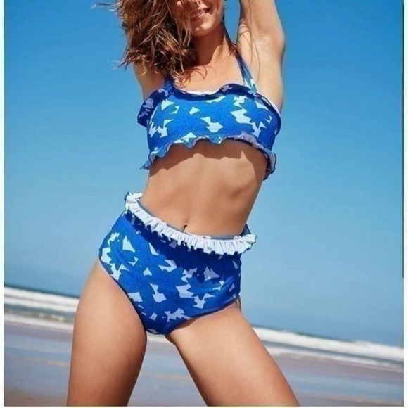 NWT‎ Free People Citrine High Waisted Ivy Blue Ruffle Bikini Bottoms S - Picture 3 of 8